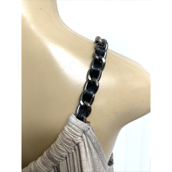 Sky Top Blouse 3/4 Dolman Sleeve Cold Shoulder Gray Chain Neck Geometric M - Picture 3 of 9